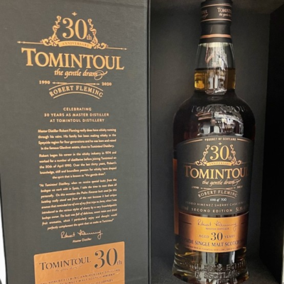 TOMINTOUL 30 YR OLD is a premium Scotch whisky hailing from the Speyside region of Scotland. This exceptional spirit showcases a complex flavor profile characterized by rich notes of dried fruit