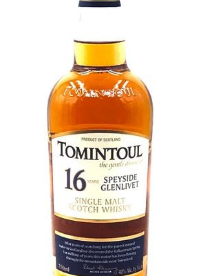 TOMINTOUL 16 YR OLD is a premium single malt Scotch whisky from the Speyside region of Scotland. It features a rich flavor profile characterized by notes of honey