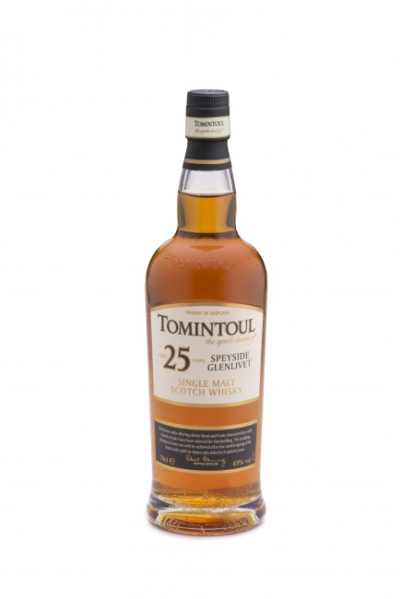 TOMINTOUL 25 YR OLD is a premium single malt Scotch whisky from the Speyside region of Scotland. It features a rich flavor profile characterized by notes of dried fruits