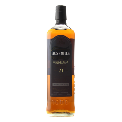 BUSHMILLS 21 YR is a premium Irish whiskey that features a complex flavor profile with notes of fruit cake