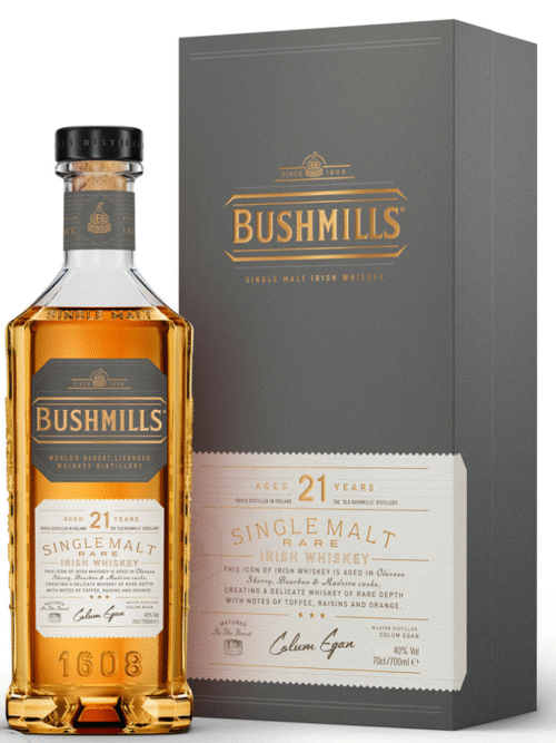BUSHMILLS 12 YR WHISKEY is a rich Irish single malt that exhibits a harmonious blend of honeyed sweetness