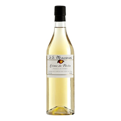 MASSENEZ CREME DE PECHE is a peach-flavored liqueur produced in the Alsace region of France. It features a sweet