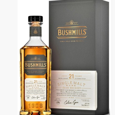 BUSHMILLS 21 YR is a premium Irish whiskey that features a complex flavor profile with notes of fruit cake