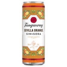TANQUERAY SEVILLA ORANGE CANS feature a unique blend of gin distilled with natural Mediterranean orange and other botanical ingredients. This offers a bright citrus flavor profile complemented by a subtle sweetness