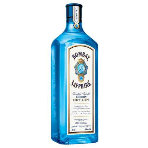 Bombay Gin Sapphire 1.75L is a premium London dry gin known for its unique flavor profile that includes a blend of ten handpicked botanicals